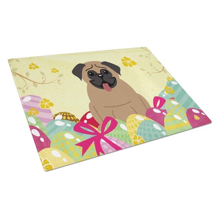 Carolines Treasures Easter Eggs Pug Brown Glass Cutting Board Large BB6005LCB